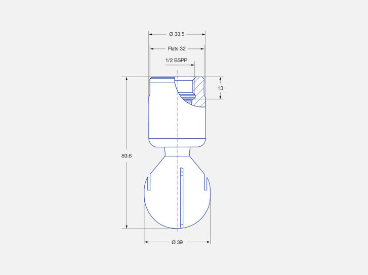 Rotating tank cleaning nozzle MiniSpinner 2, double ball bearing mounted, engineering drawing