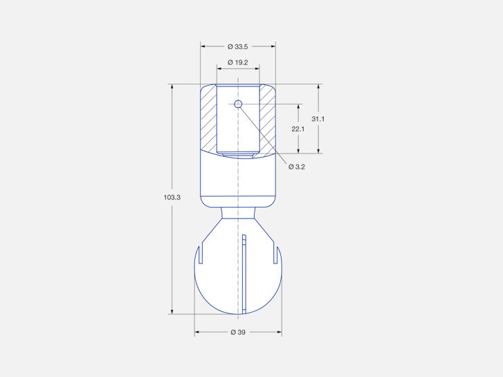 Technical drawing 3/4" slip-on connection. Dimensions slip-on connection according to ASME-BPE (OD-tube), Rotating cleaning nozzle "MiniSpinner 2", series 5M3