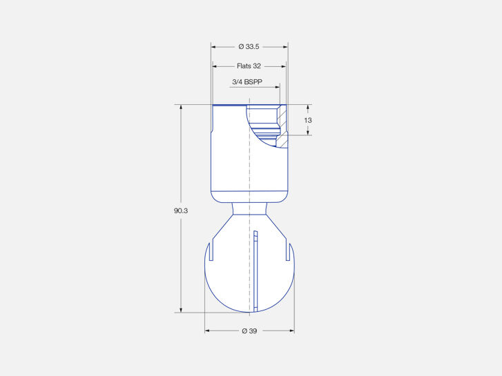 Disegno tecnico del filetto femmina 3/4 BSPP, testina di lavaggio rotante "MiniSpinner 2", serie 5M3