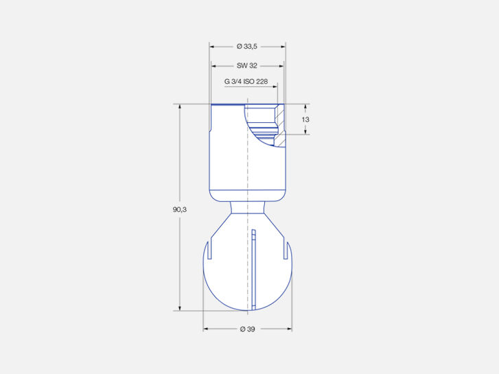 Technische Zeichnung Innengewinde G 3/4 ISO 228, Rotationsreiniger "MiniSpinner 2", Baureihe 5M3